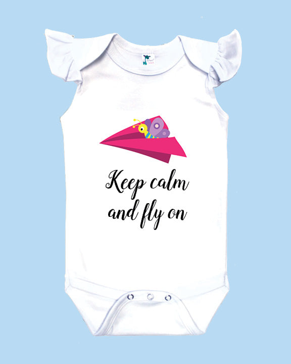 Keep Calm and Fly On White Flutter Sleeve Onesie