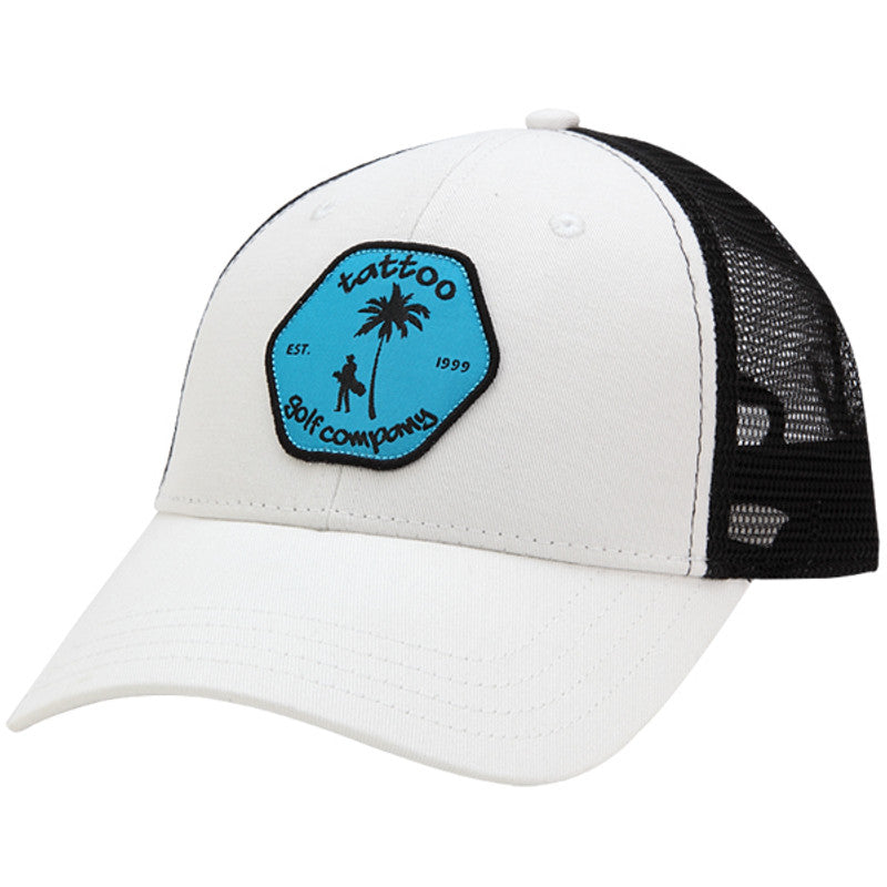 Tattoo Golf Palm Tree Snap Back Trucker Golf Hat | White / Black