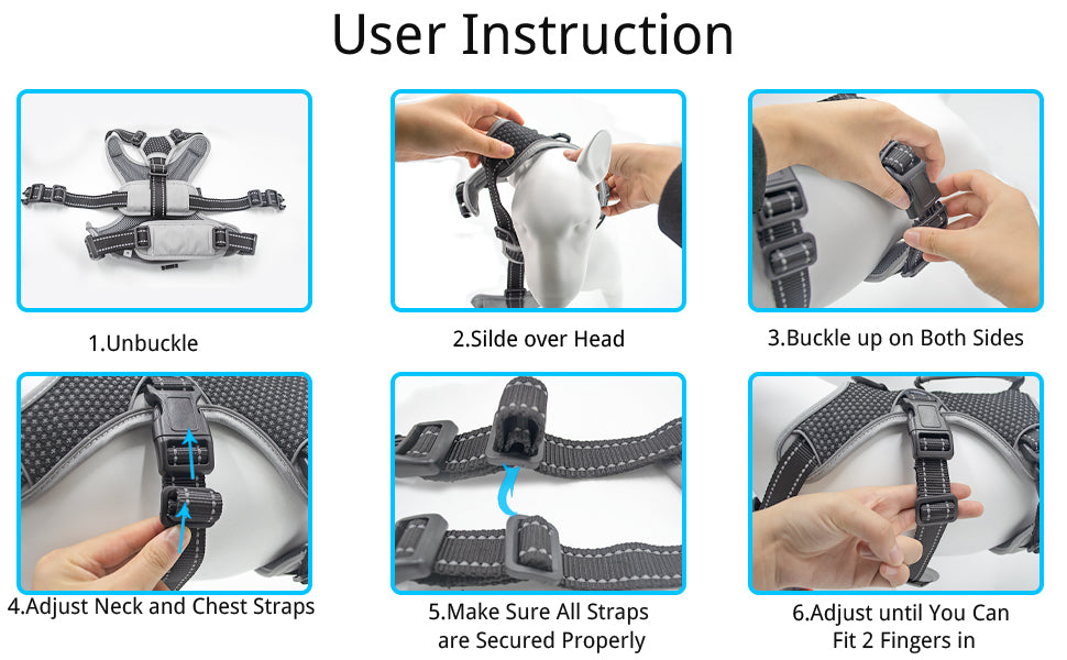 Adjustment instructions for our no escape dog harness vest. 