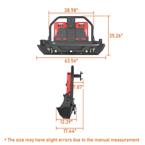 18-23 Jeep Wrangler JL Aftermarket Rear Bumper w/ 2 Gasoline Fuel Cans & Tire Carrier dimension