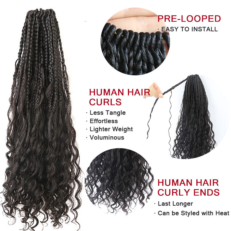 Pre-looped Crochet Box Braids 14 Inch with Human Hair Curls