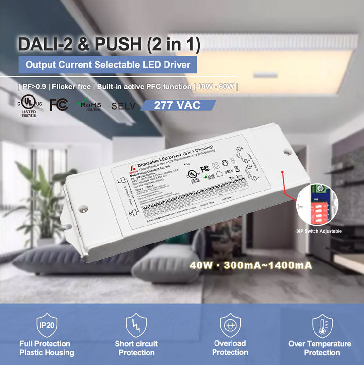 DALI & PUSH Dim Multi-Current Driver 40W (DIP Adjustment)
