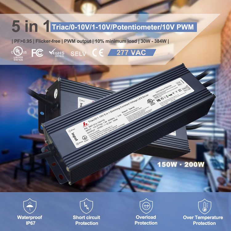 Triac/0-10V/1-10V/Potentiometer/10V PWM 5 in 1 Dimmableconstant voltage LED driver 150W