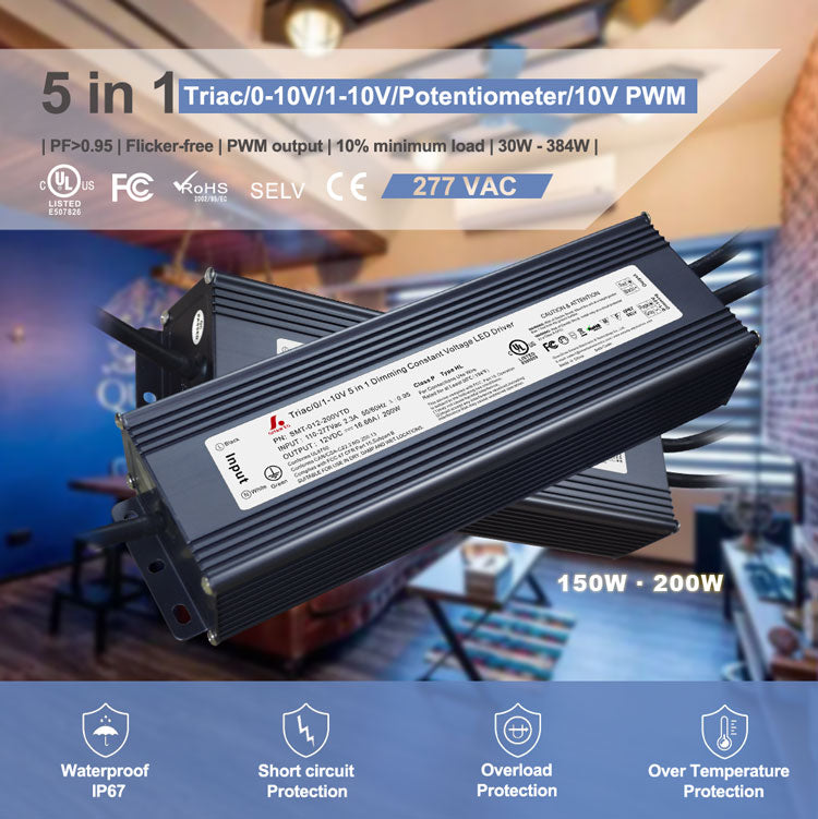Triac/0-10V/1-10V/Potentiometer/10V PWM 5 in 1 Dimmableconstant voltage LED driver 200W