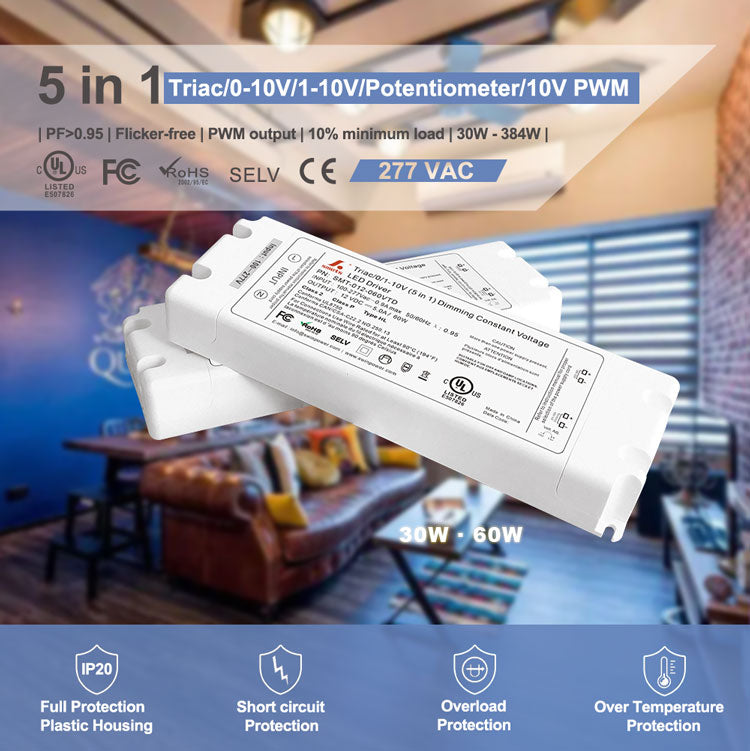 Triac/0-10V/1-10V/Potentiometer/10V PWM 5 in 1 Dimmableconstant voltage LED driver 60W
