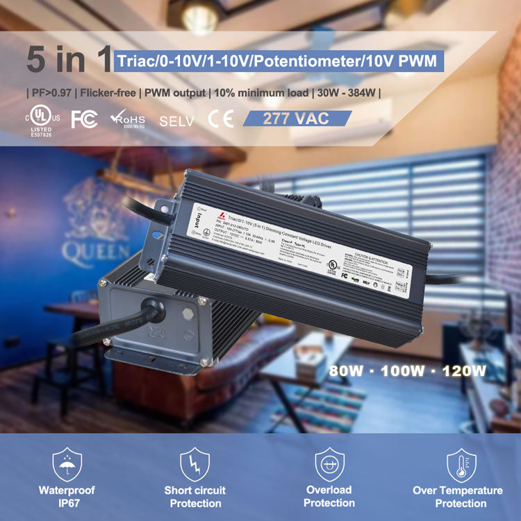 Triac/0-10V/1-10V/Potentiometer/10V PWM 5 in 1 Dimmable constant voltage LED driver 80W