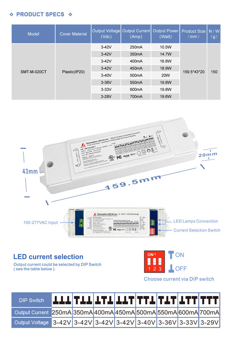 Triac Dimmable Multi-Current Driver 20W (DIP Adjustment)