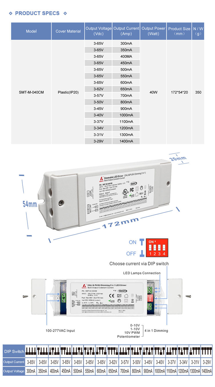 DALI & PUSH Dim Multi-Current Driver 40W (DIP Adjustment)