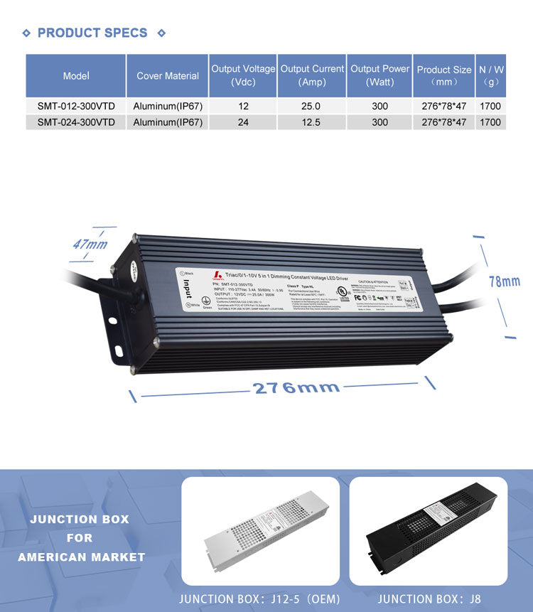 Triac/0-10V/1-10V/Potentiometer/10V PWM 5 in 1 Dimmableconstant voltage LED driver 300W