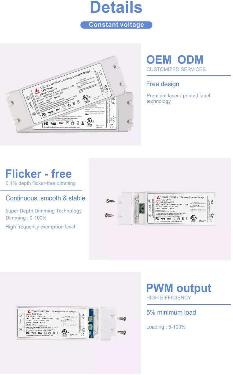 Triac/0-10V/1-10V/Potentiometer/10V PWM 5 in 1 Dimmableconstant voltage LED driver 60W