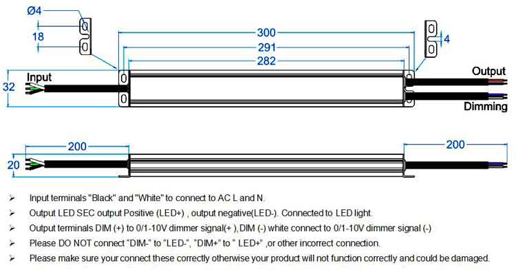 Slim Size Waterproof Triac & 0-10V 5 in 1 Dimmable LED Driver 60W Connecting Diagram