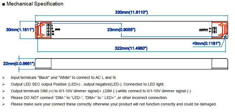 Spécifications mécaniques du conducteur 100W de taille mince 0-10V Dimmable LED