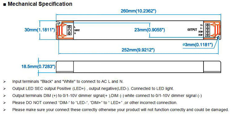 Spécification mécanique du conducteur 36W de LED de taille mince 0-10V Dimmable