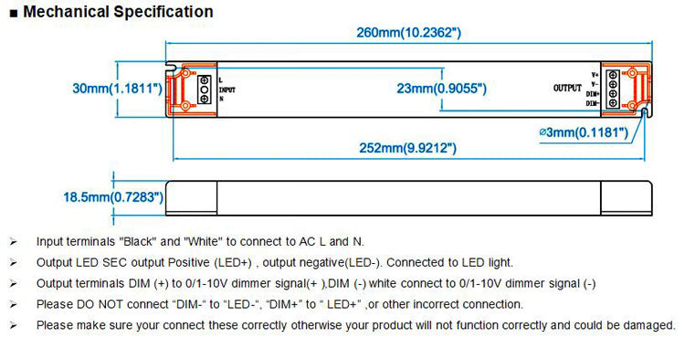 Slim Size 0-10V Dimmable LED Driver 30W Mechanical Specification