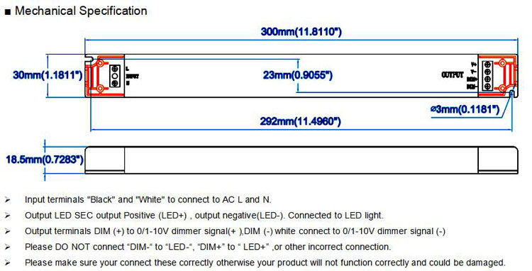 Spécifications mécaniques du conducteur 60W de taille mince 0-10V Dimmable LED