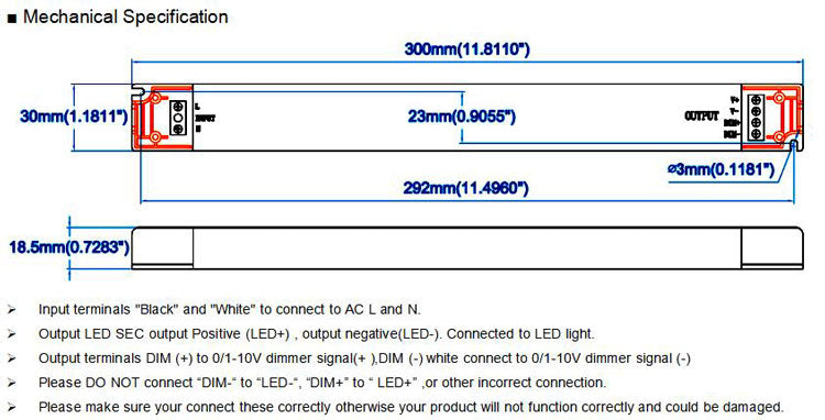 Slim Size 0-10V Dimmable LED Driver 60W Mechanical Specification