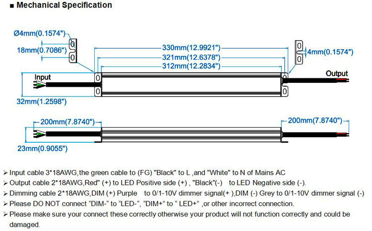 Slim Size Waterproof 0-10V Dimmable LED Driver 150W Mechanical Specification