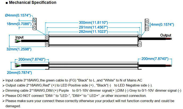 Slim Size Waterproof 0-10V Dimmable LED Driver 60W Mechanical Specification