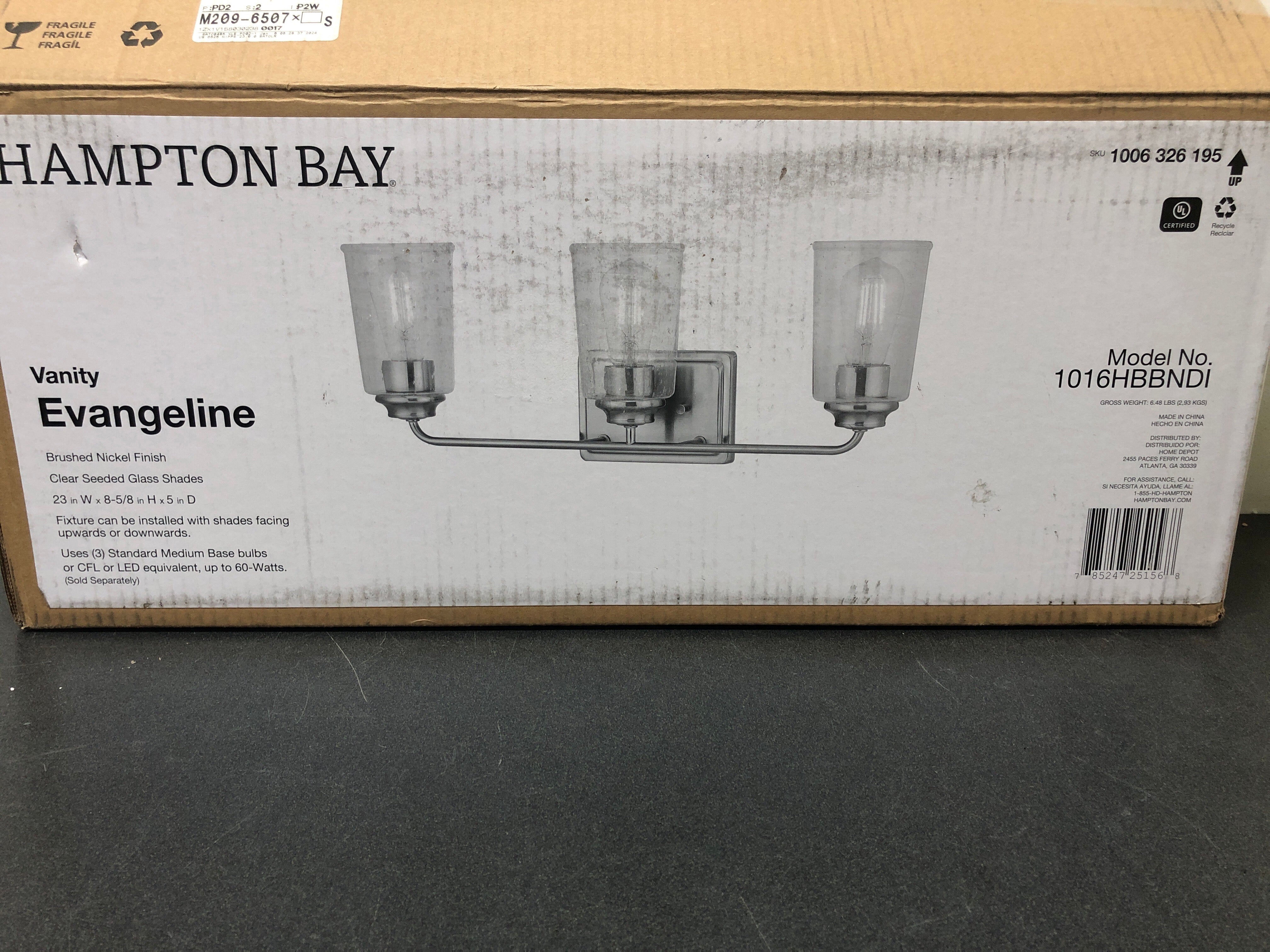 Hampton bay 1016HBBNDI Evangeline 23 in. 3-Light Brushed Nickel Farmhouse Bathroom Vanity Light with Clear Seeded Glass Shades