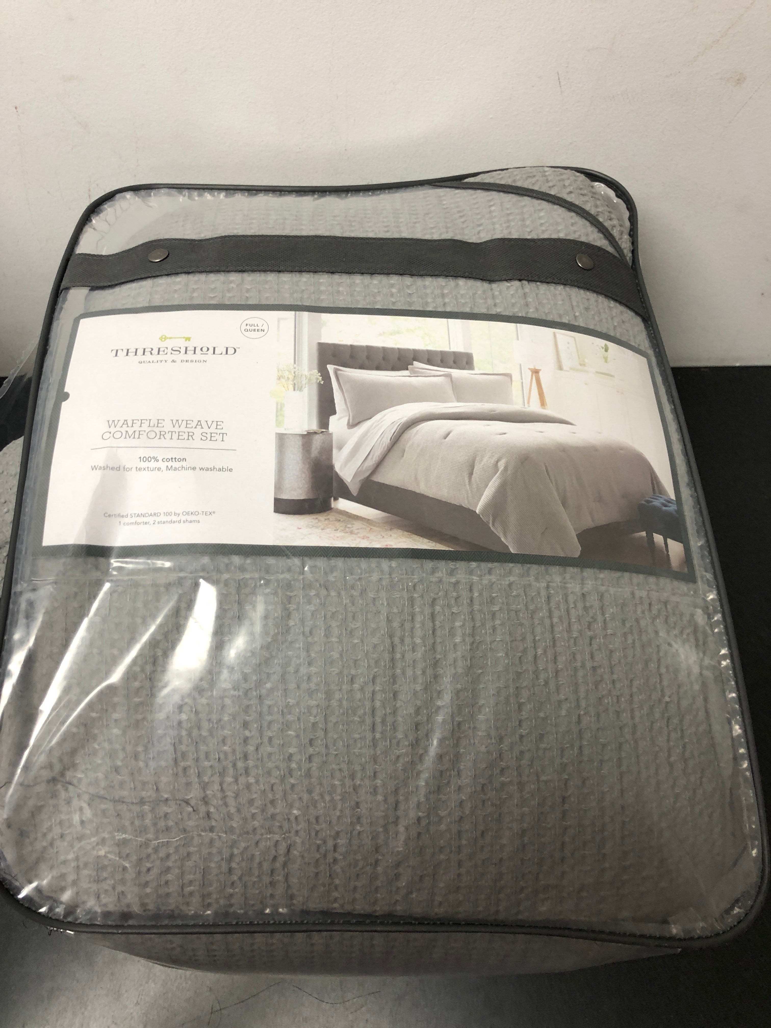 Full/queen washed waffle weave comforter & sham set gray - threshold?