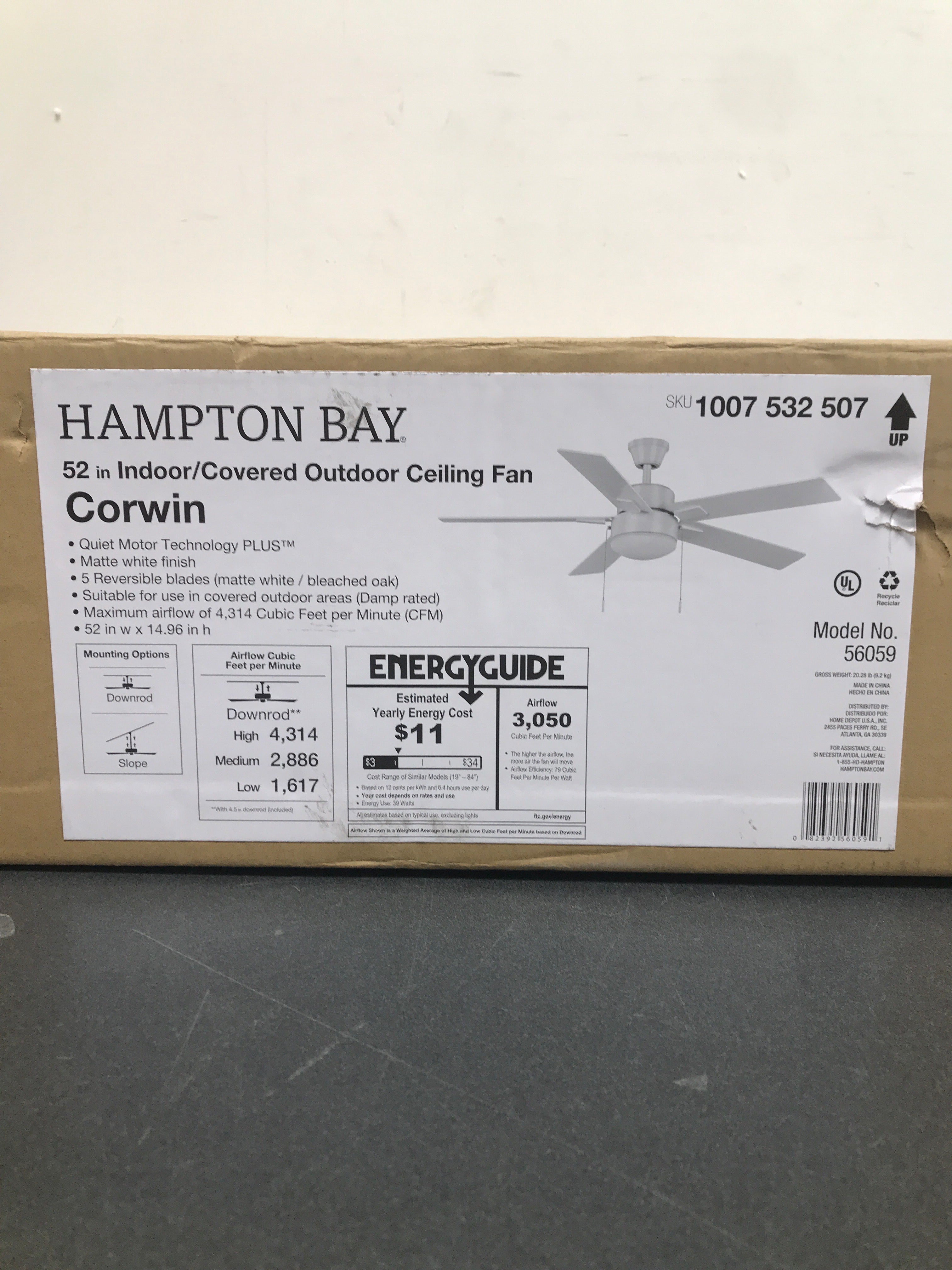 Hampton bay 56059 52 in. Corwin Indoor/Outdoor Matte White LED Ceiling Fan with Light Kit