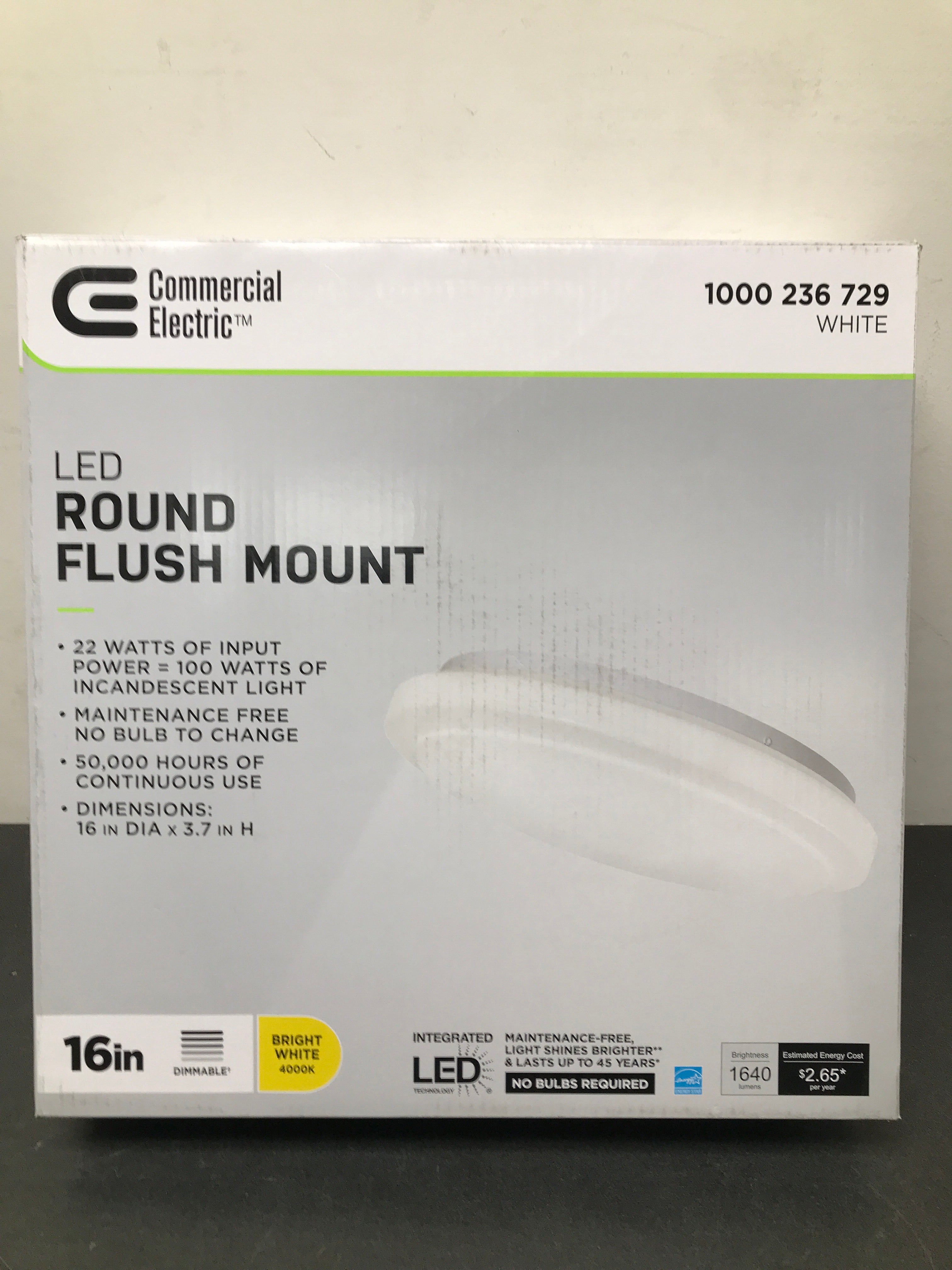 Commercial electric 54075341 16 in. White Round LED Flush Mount Ceiling Light 1640 Lumens 4000K Bright White Dimmable Bedroom Basement Garage