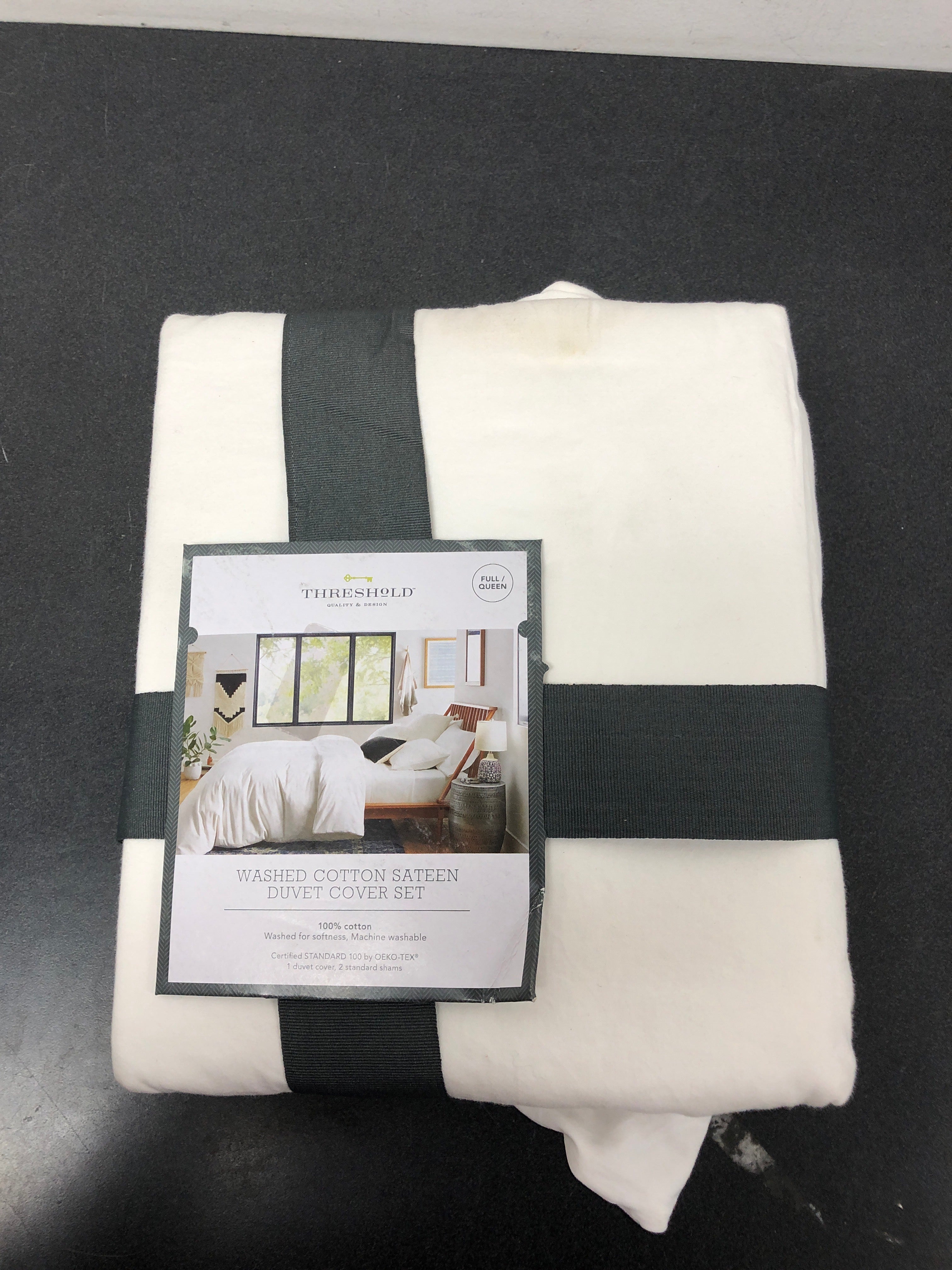 3pc full/queen washed cotton sateen duvet & sham set white - threshold?