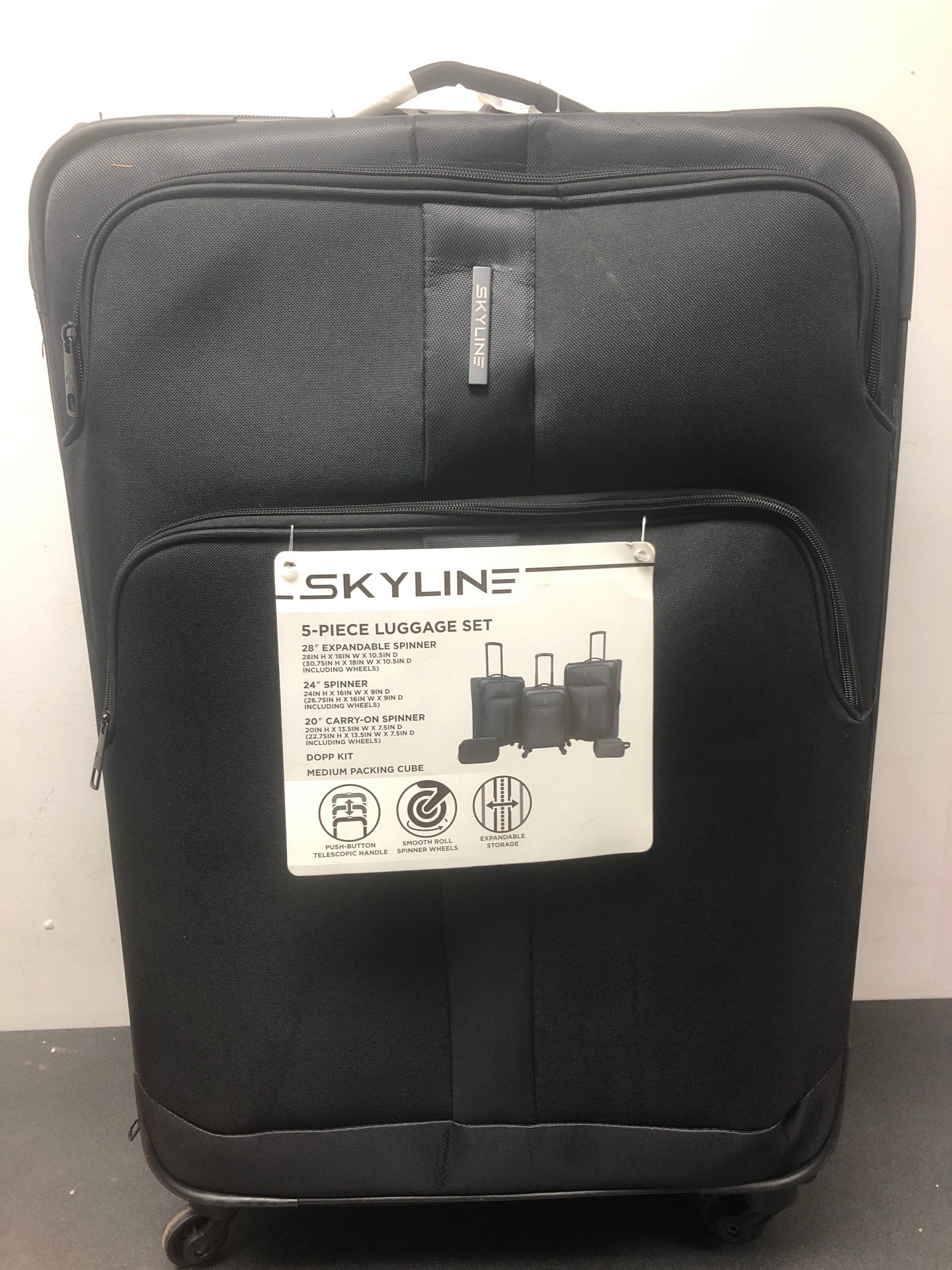 Skyline softside checked spinner 5pc luggage set - black