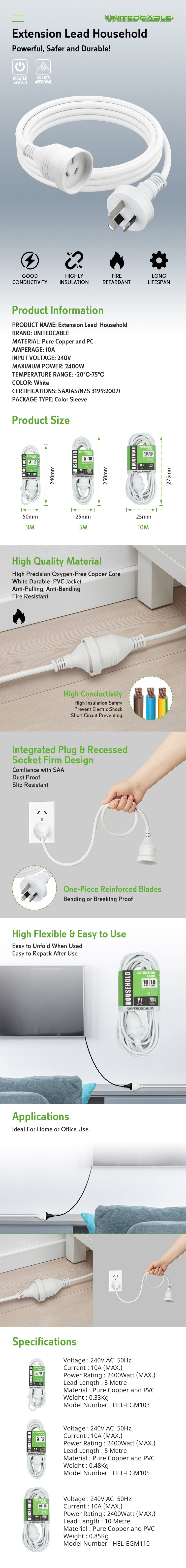 UNITED CABLE 3M 5M 10M 10Amp Power Extension Lead White 240V SAA