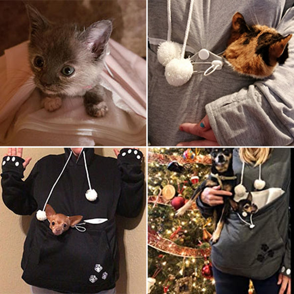 Use this cat pouch hoodie to carry your kitty hands-free while hanging out on the couch in a comfy pocket.