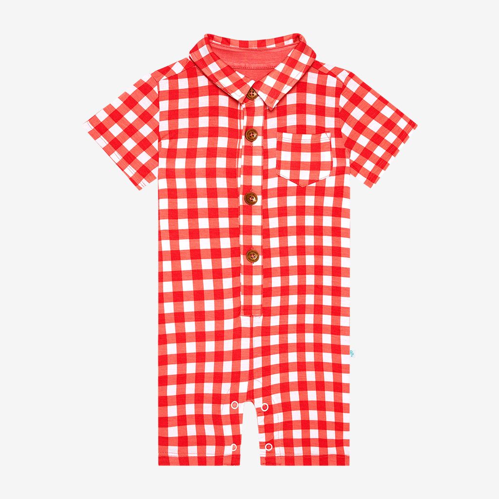 Polly - Short Sleeve Collared Henley Romper Posh Peanut