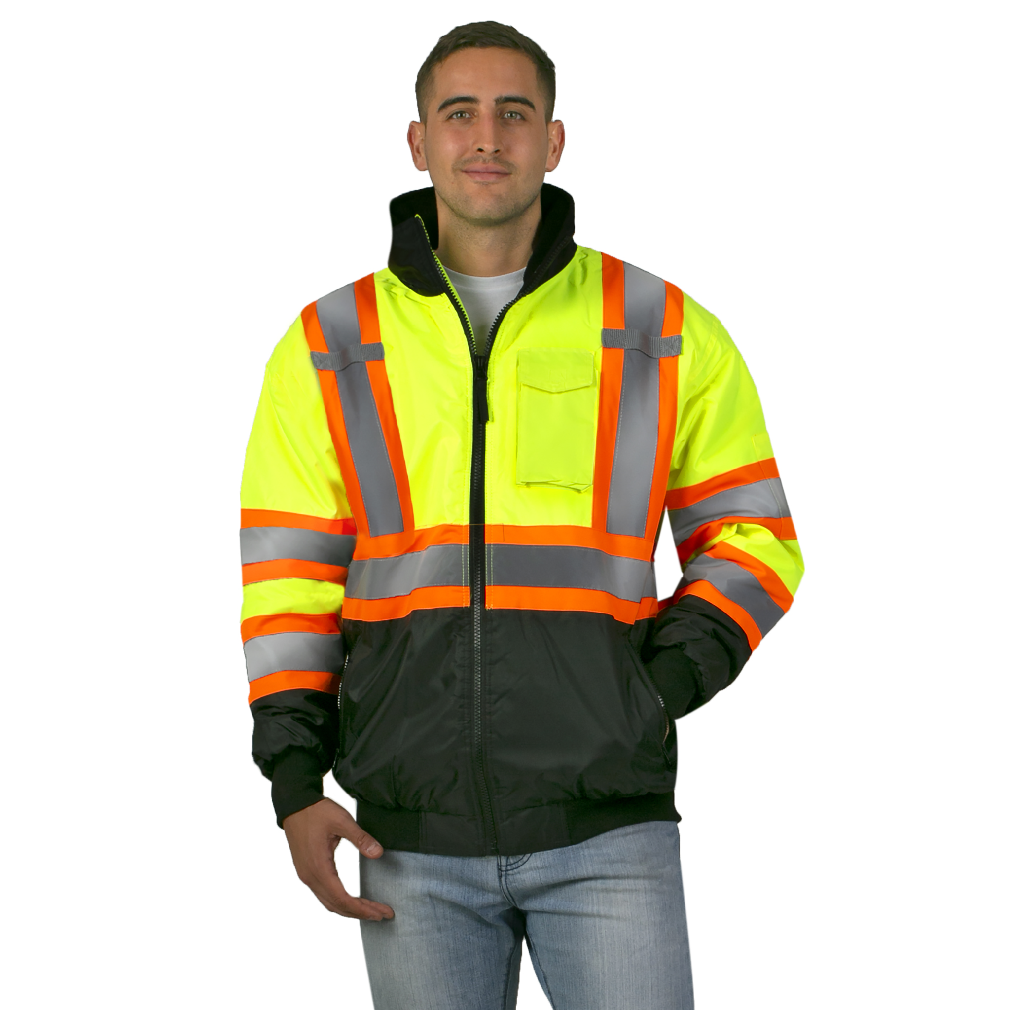 Hi-Vis X-Back Two-Tone Safety Bomber Jacket with Reflective Stripes