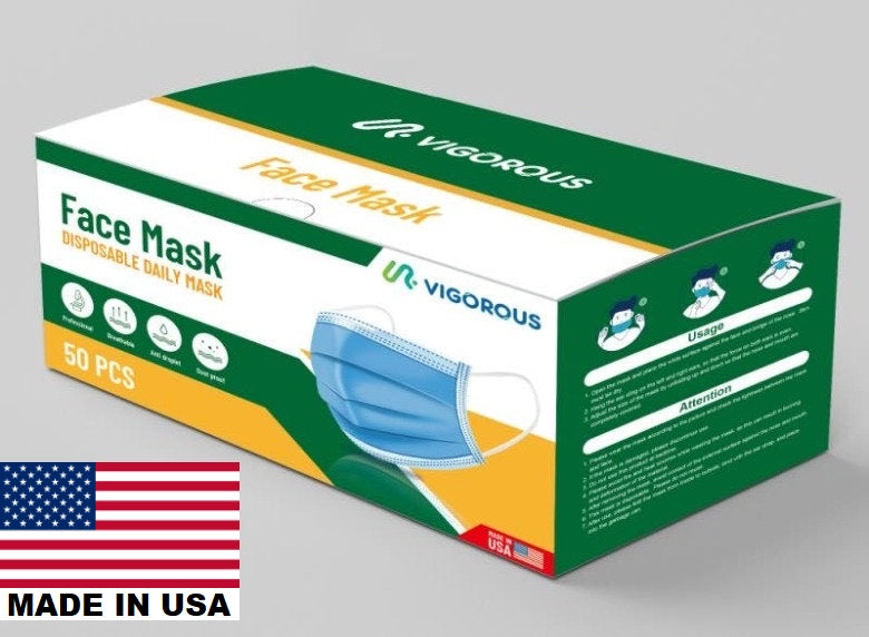 VIGOROUS - 50 PCS Protective Face Mask 3ply Breathable Non-Woven Mouth Cover - MADE IN USA