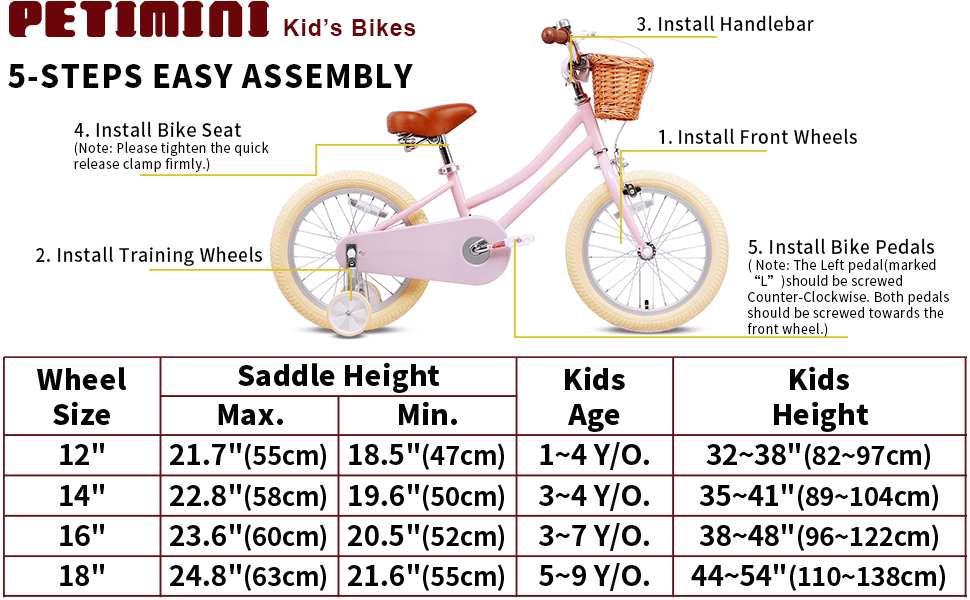 Petimini Kids Bike with Basket for 2-8 Years Old Girls 12 14 16 18 Inch with Training Wheels