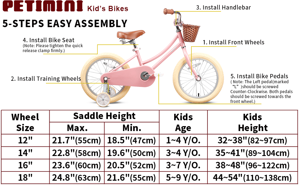 Petimini Kids Bike with Basket for 2-8 Years Old Girls 12 14 16 18 Inch with Training Wheels and Bell