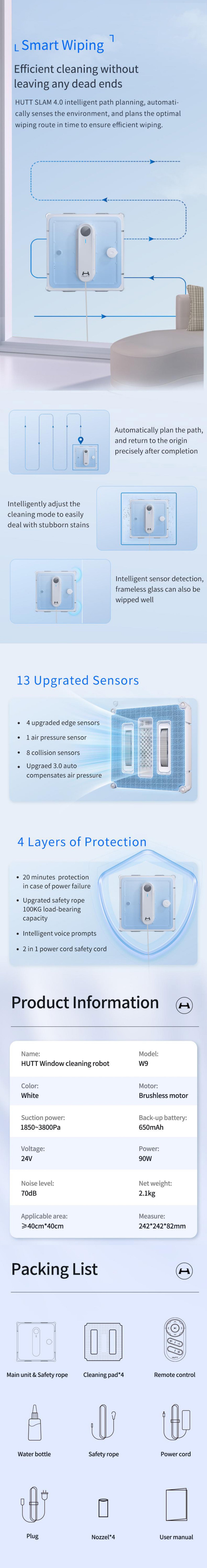Panoramic transparent Xiaomi HUTT W9 window cleaning robot 4 nozzles spray water, intelligent and environmentally friendly