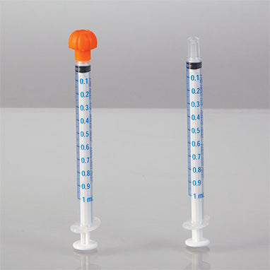 NeoMed Oral Dispensers with Tip Caps, 1mL, Clear/Blue Markings, 25 Pack H-19405CB-01-16592