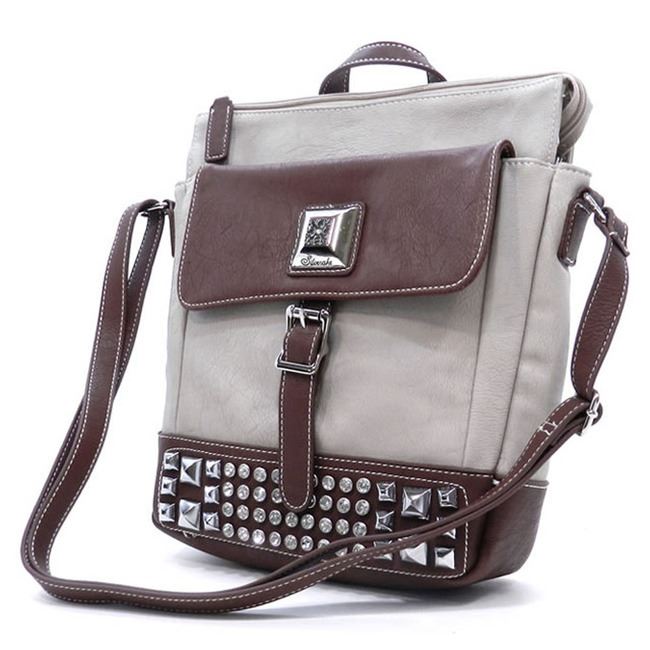 Color Block bling Cross-body Messenger Bag L rhinestone Studs brown Grey