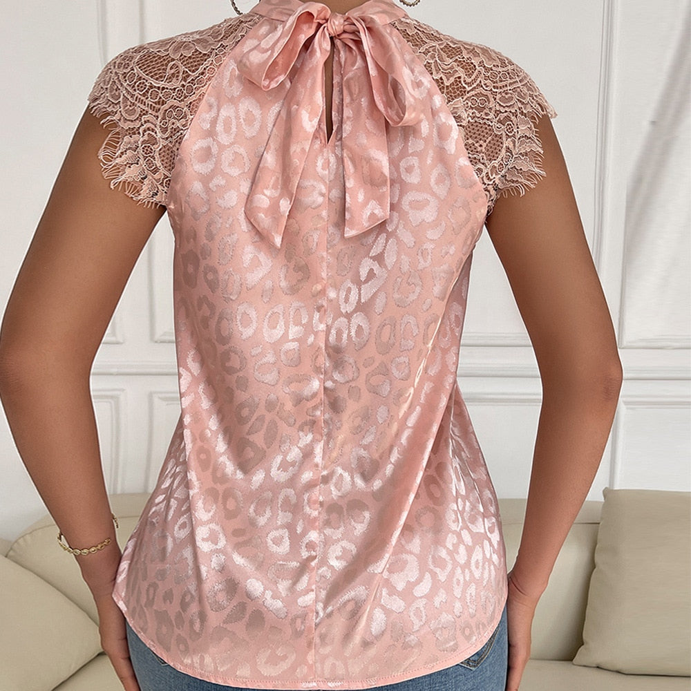 Women Pink Shirts with Stand Collar Top Lady Loose Sleeveless Sexy Lace Blouse