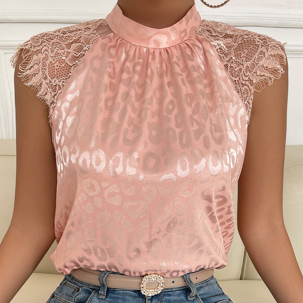 Women Pink Shirts with Stand Collar Top Lady Loose Sleeveless Sexy Lace Blouse