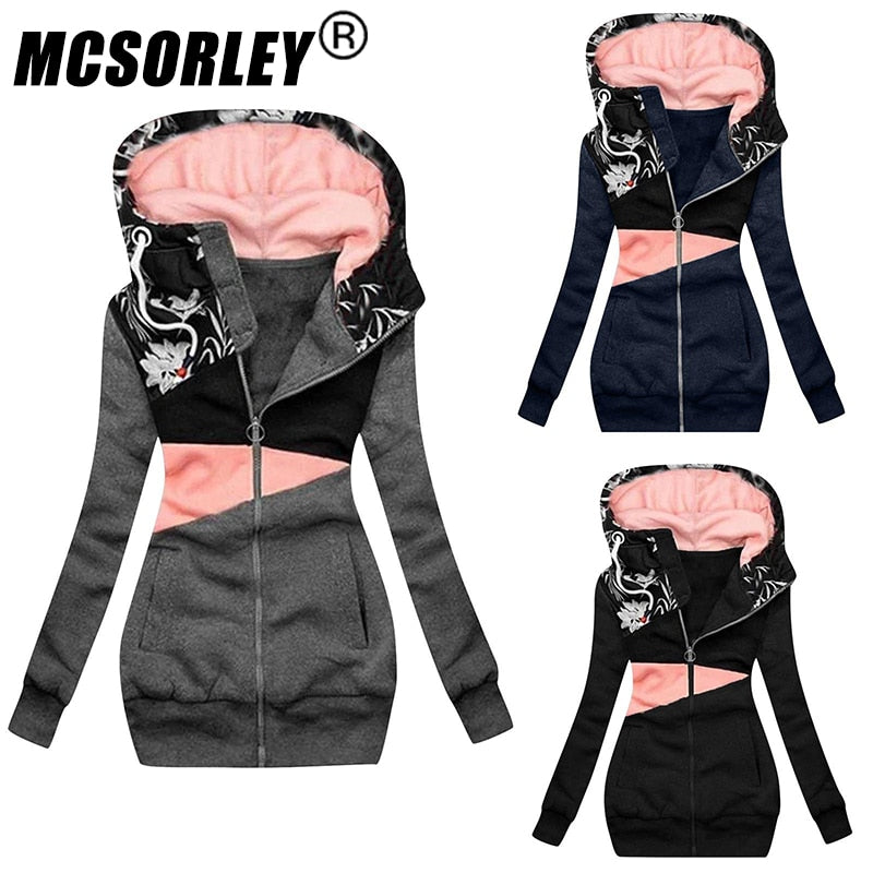 Women Fashion Printed Jacket Spring Zipper Color Matching Hooded Sweater Coat