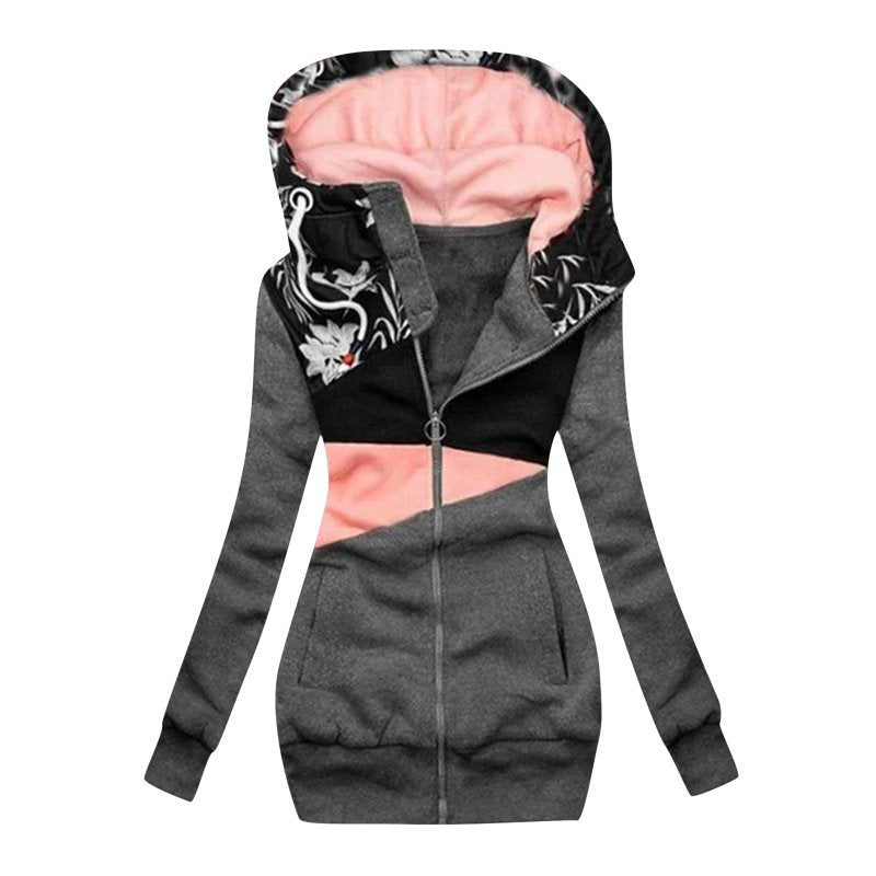 Women Fashion Printed Jacket Spring Zipper Color Matching Hooded Sweater Coat