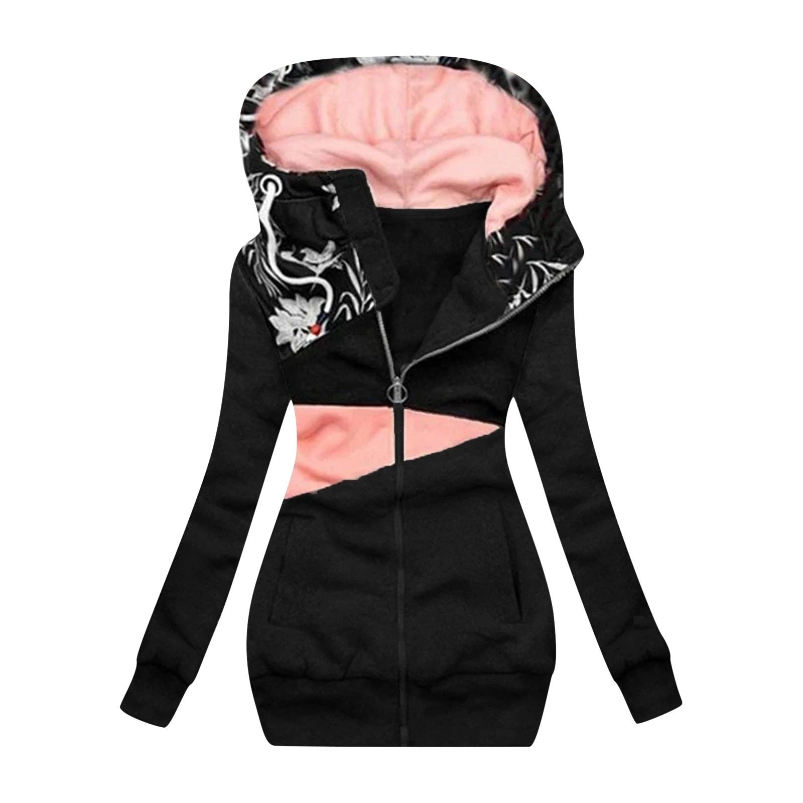 Women Fashion Printed Jacket Spring Zipper Color Matching Hooded Sweater Coat