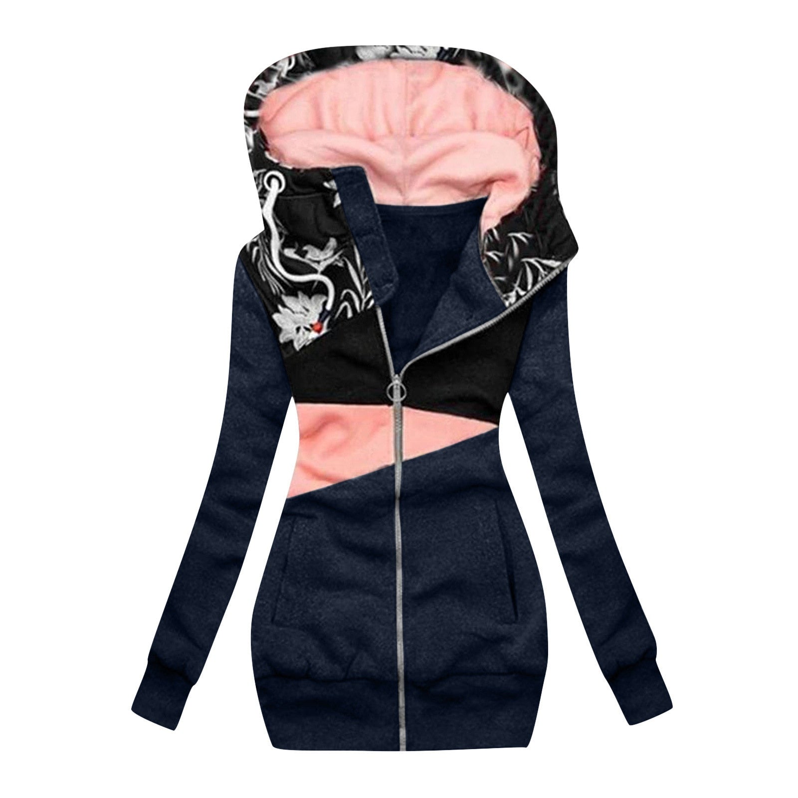 Women Fashion Printed Jacket Spring Zipper Color Matching Hooded Sweater Coat