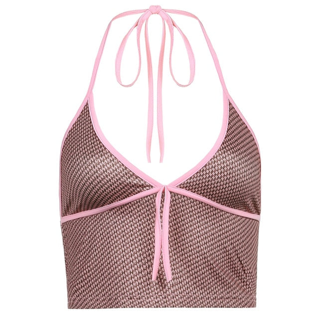 Pink Printed Camis Cute Crop Top Tie Up Tank Top Retro Party Tee Top Women Sweet Mini Vest Sweat