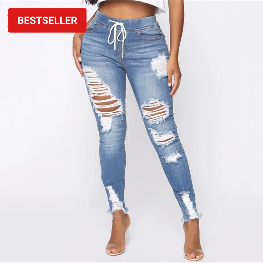 Trendy Elastic Waist Ripped Retro Denim Jeans