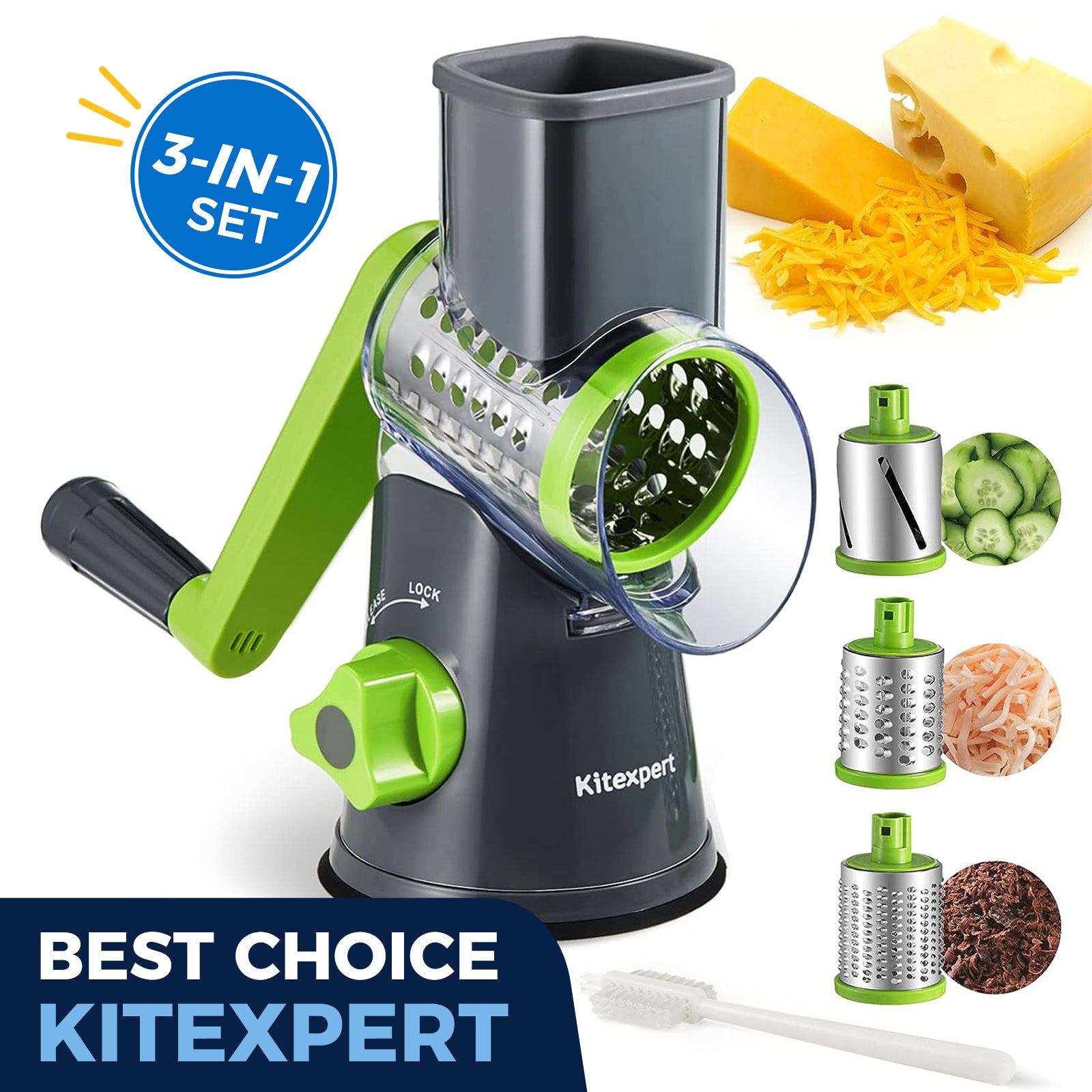 Cheese Grater with Handle, Rotary Cheese Grater with 3 Interchangeable Blades, Cheese Shredder Handheld with Strong Suction Base, Vegetable Slicer for Fruit, Nuts, Chocolate(Grey)
