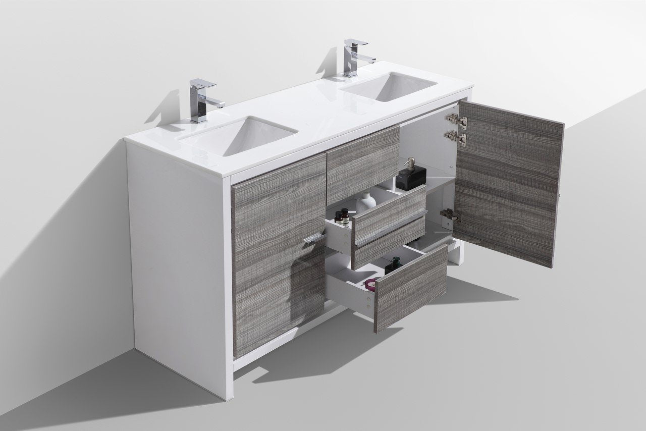 KubeBath Dolce 60 in. Freestanding Double Sink Modern Bathroom Vanity with White Quartz Counter-Top and Cabinet Color Options