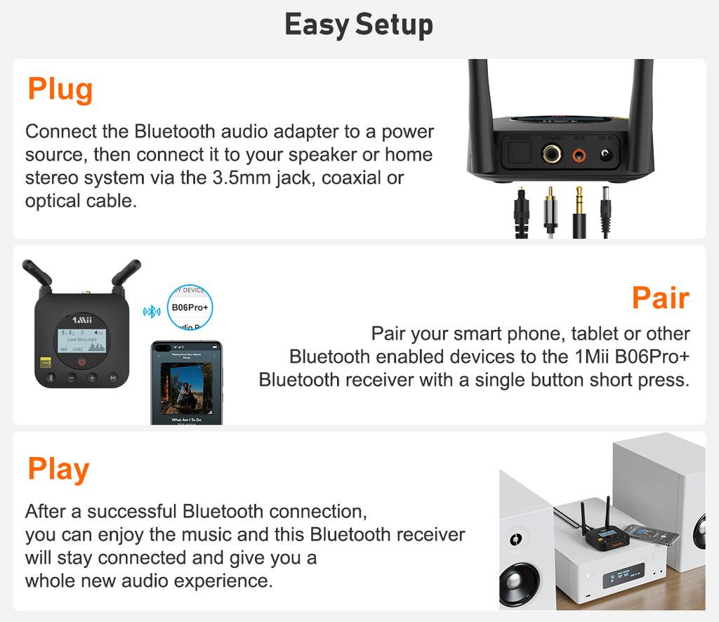 [Actualizado] 1Mii B06Pro Receptor Bluetooth de largo alcance, adaptador de  audio inalámbrico HiFi, receptor Bluetooth 5.1 con envolvente 3D aptX HD