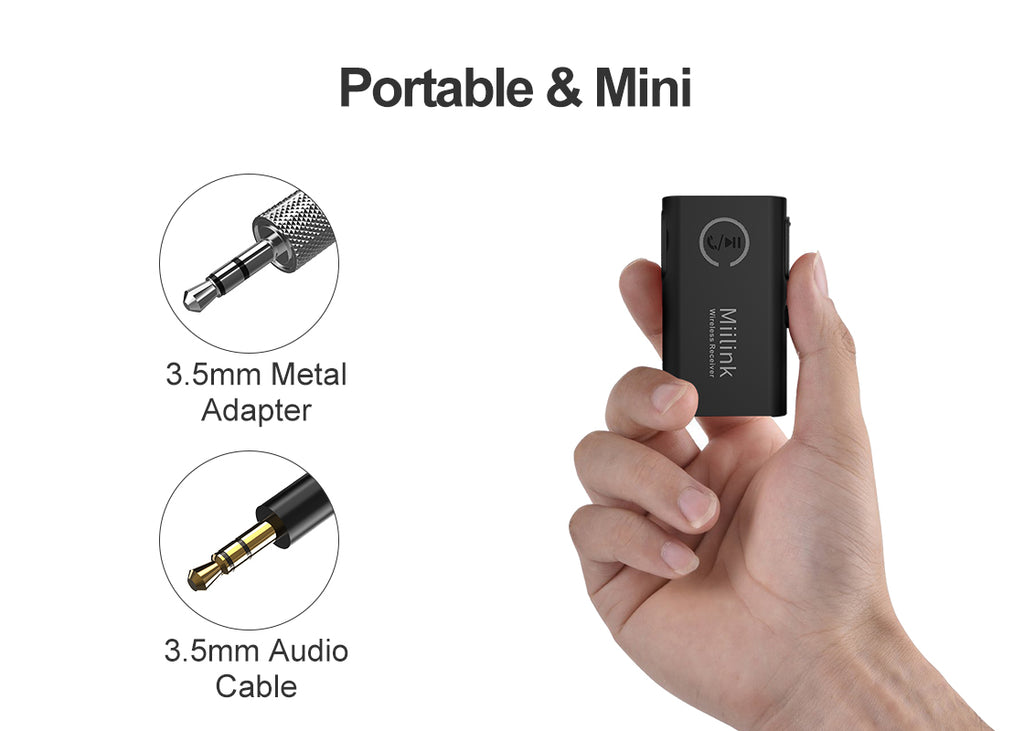 Small and light weight design 1Mii MiiLink Bluetooth receiver for home/car stereo can be plugged in and out easily without damaging your devices.